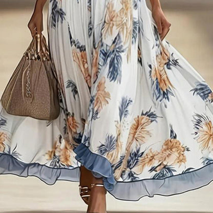 Women's Floral Print Maxi Dress With Deep V-Neck & Flare Sleeves