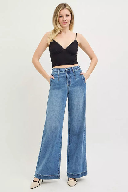 RISEN Tummy Control Elastic Band High Rise Wide Jeans