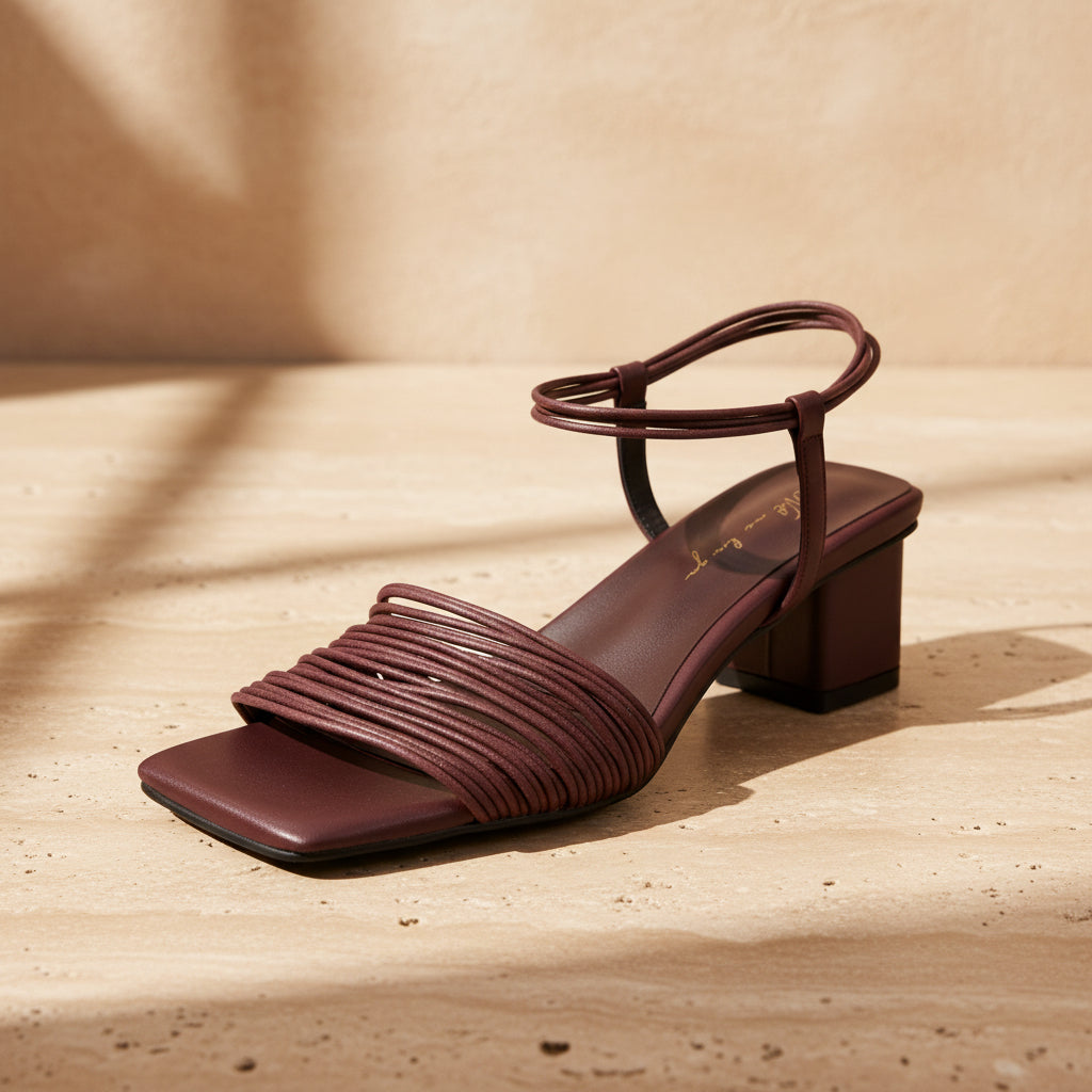 Women's Square-Toe Block Heel Sandals – Multi-Strap Ankle Wrap Mid-Heel Shoes with Pigskin Lining