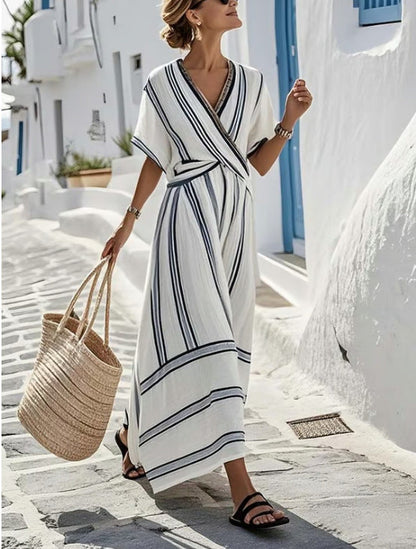 Casual Loose Retro Striped Print Holiday Dress Summer Short Sleeve V Neck Robes Dress Boho Beach Pleated A-Line Long Dress Woman (see size guide under more details)