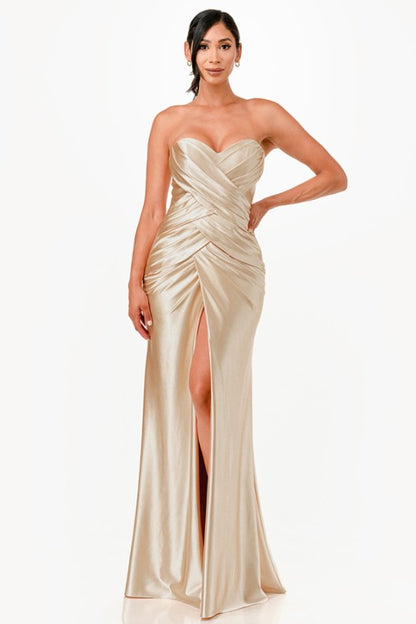 Tucked and ruched sweetheart satin dress with fitted slit skirt
