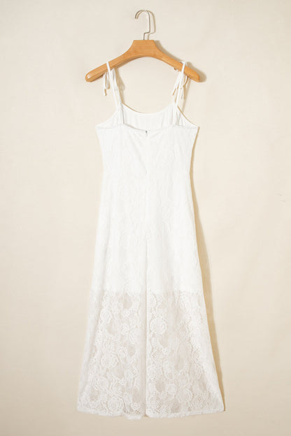 White Tie Spaghetti Straps Floral Lace Overlay Long Dress