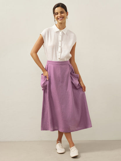 100% Linen Elastic Waist Skirt MARINA