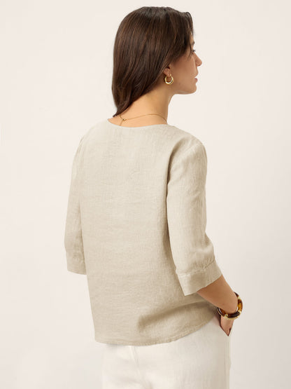 100% Linen Split Neck Inverted Pleat Top TABITHA