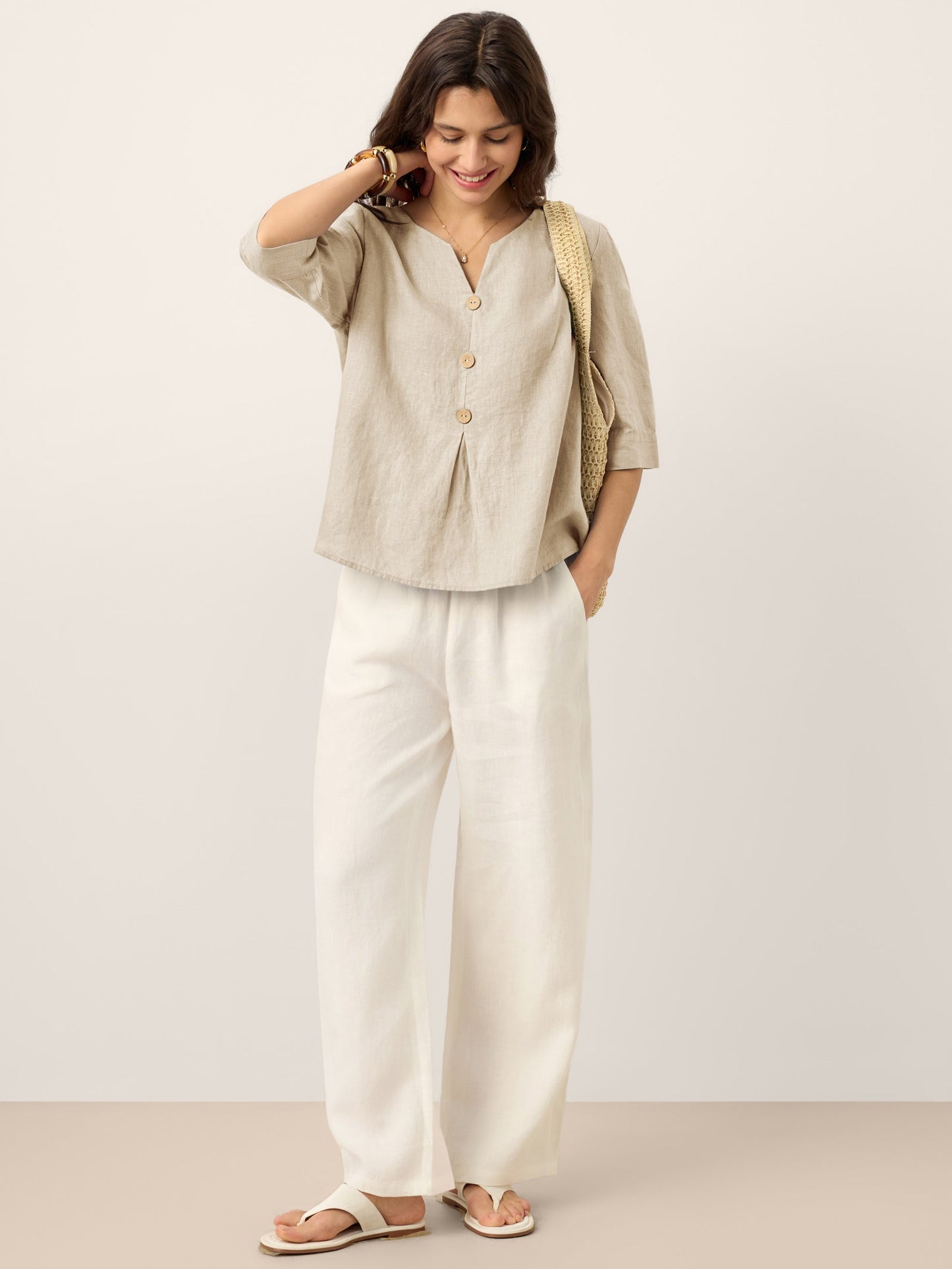 100% Linen Split Neck Inverted Pleat Top TABITHA