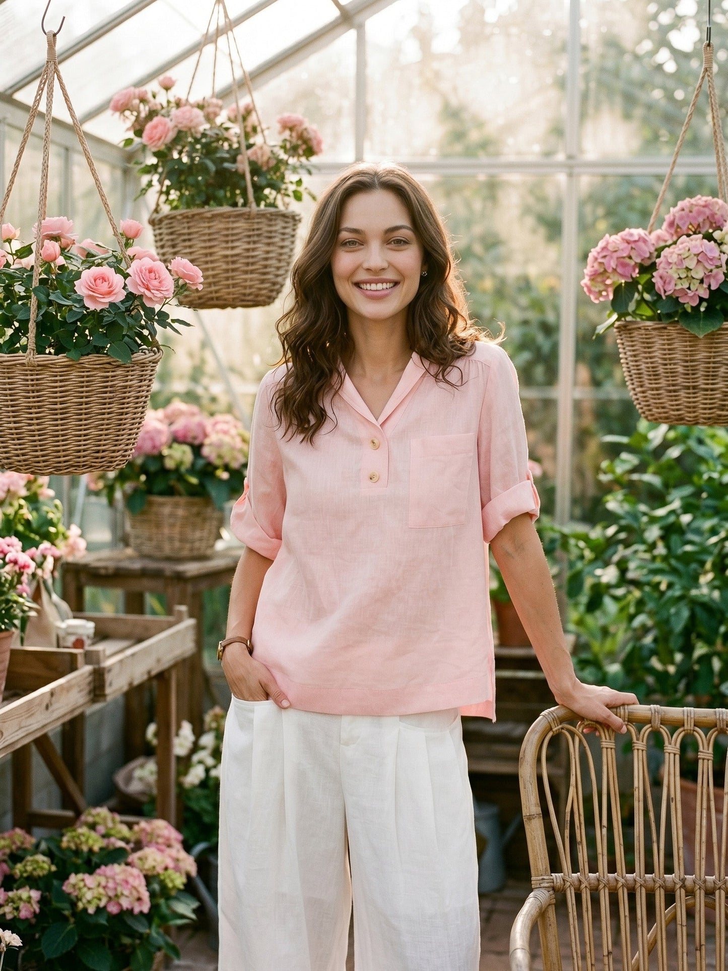 100% Linen Soft Collar Tab Sleeve Top OLGA