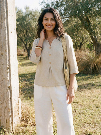 100% Linen Split Neck Inverted Pleat Top TABITHA