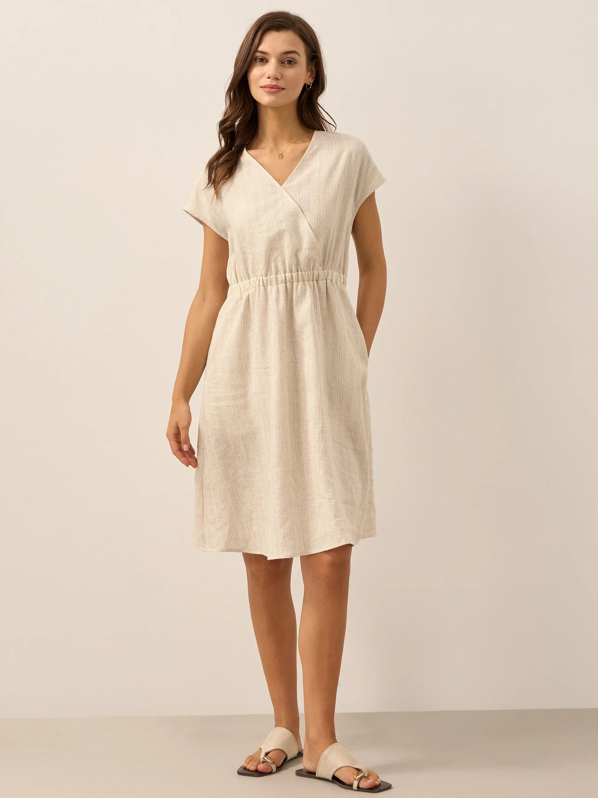 100% Linen Striped Elastic-Waist Midi Dress ARIA