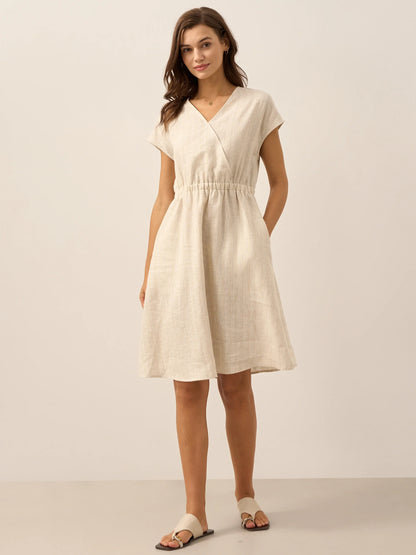 100% Linen Striped Elastic-Waist Midi Dress ARIA