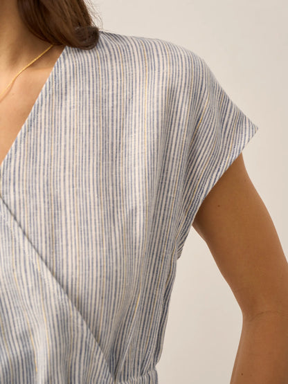 100% Linen Striped Elastic-Waist Midi Dress ARIA