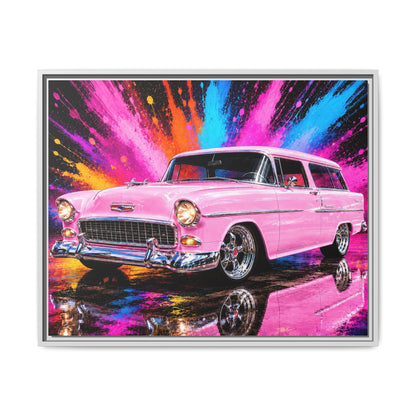 Pink Classic Station Wagon Canvas Print — Retro Car Wall Art, Framed Matte Multi‑Color Splash