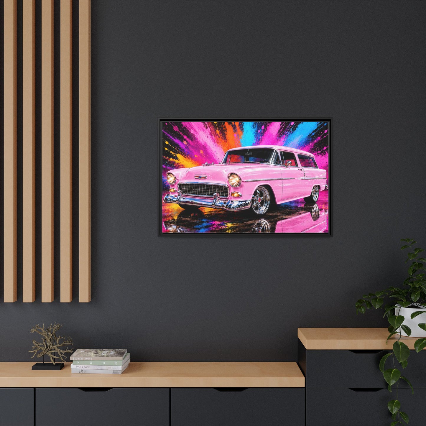 Pink Classic Station Wagon Canvas Print — Retro Car Wall Art, Framed Matte Multi‑Color Splash