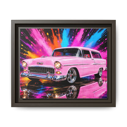 Pink Classic Station Wagon Canvas Print — Retro Car Wall Art, Framed Matte Multi‑Color Splash
