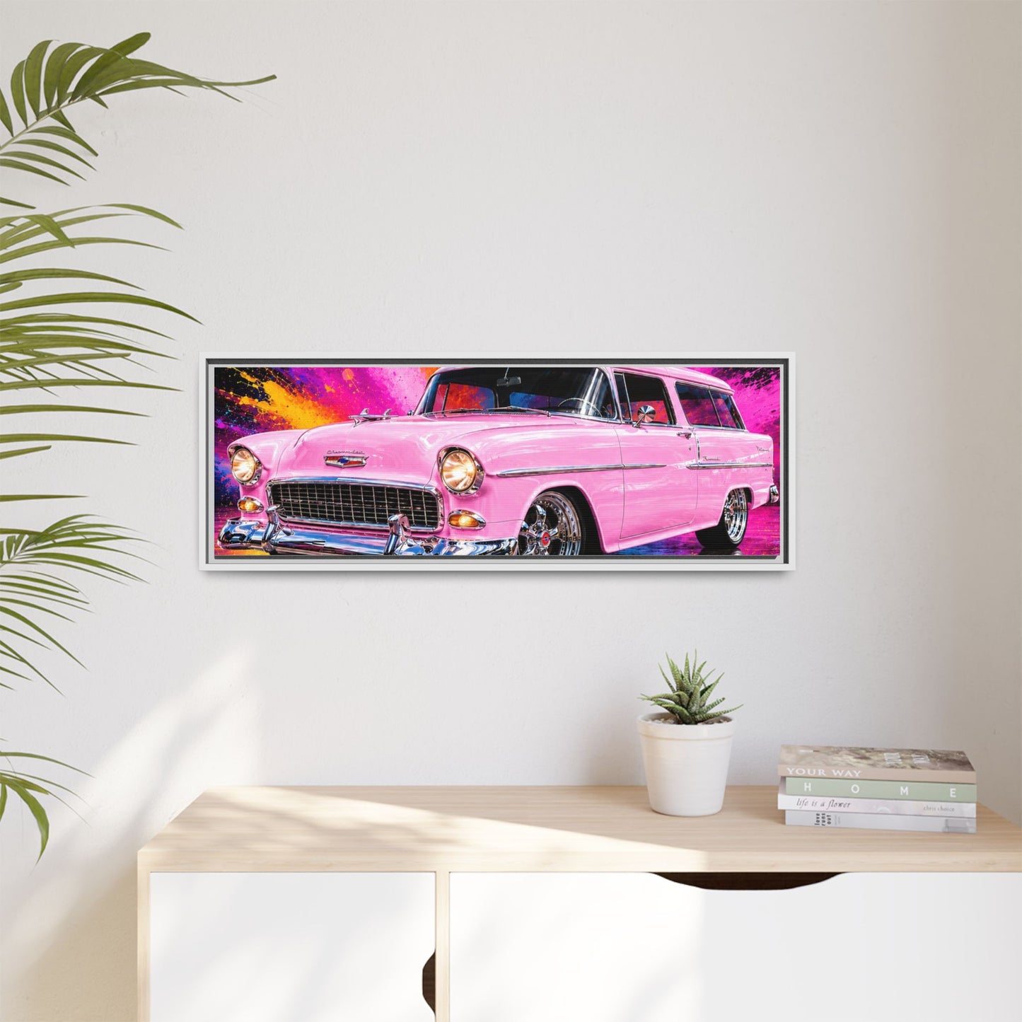 Pink Classic Station Wagon Canvas Print — Retro Car Wall Art, Framed Matte Multi‑Color Splash