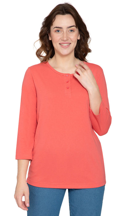 Women's 3/4 sleeves Henley in Cotton Blend with Button Placket