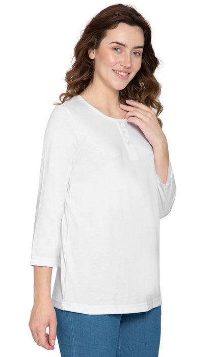 Women's 3/4 sleeves Henley in Cotton Blend with Button Placket
