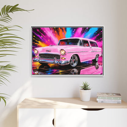 Pink Classic Station Wagon Canvas Print — Retro Car Wall Art, Framed Matte Multi‑Color Splash