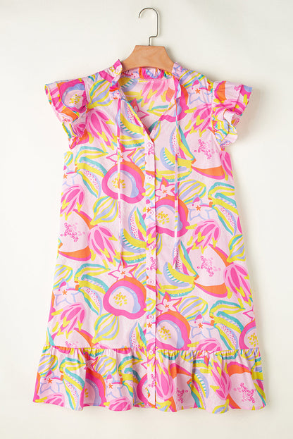Luxury Abstract Floral Ruffle Trim Flutter Sleeve Buttoned Dress