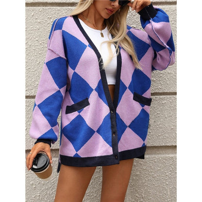Long Sleeve V-Neck Buttoned Contrast Color Rhombic Knitted Cardigan
