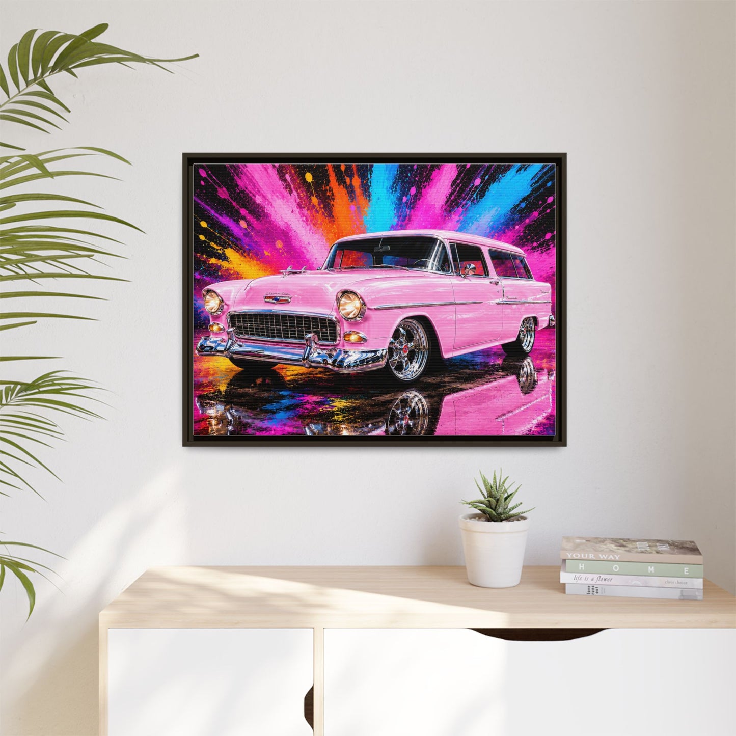 Pink Classic Station Wagon Canvas Print — Retro Car Wall Art, Framed Matte Multi‑Color Splash