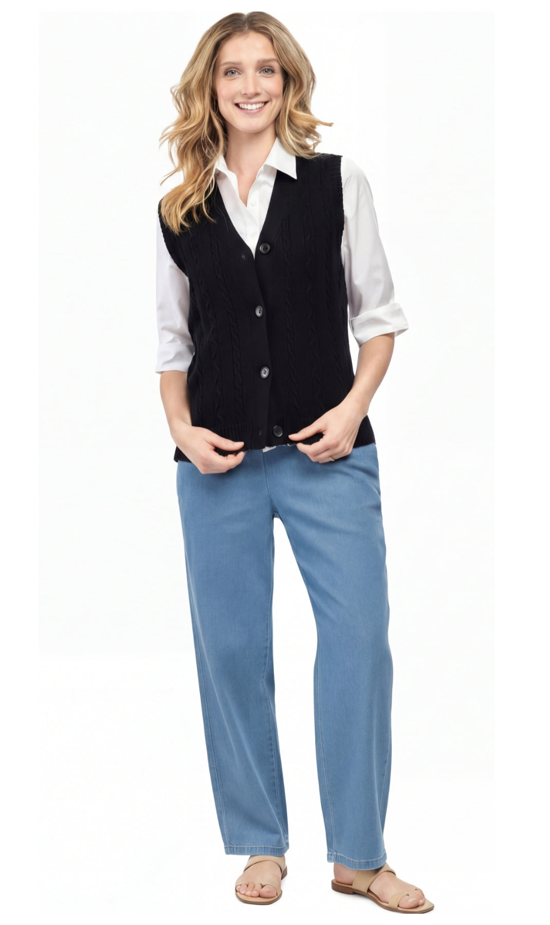 Womens Button Front Cable Knit Cardigan Sweater Vest