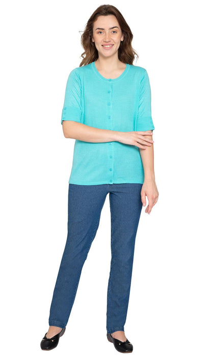 Women's Button Front Cardigan with a Unique Elbow Cuff Style