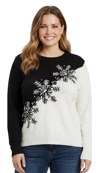 Women's Cozy Long Sleeves Snowflake-Decorated Color Block Holiday Crewneck Sweater - Classy Christmas Pullover in 100% Soft Durable Acrylic
