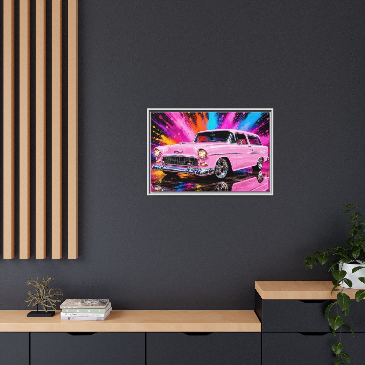 Pink Classic Station Wagon Canvas Print — Retro Car Wall Art, Framed Matte Multi‑Color Splash