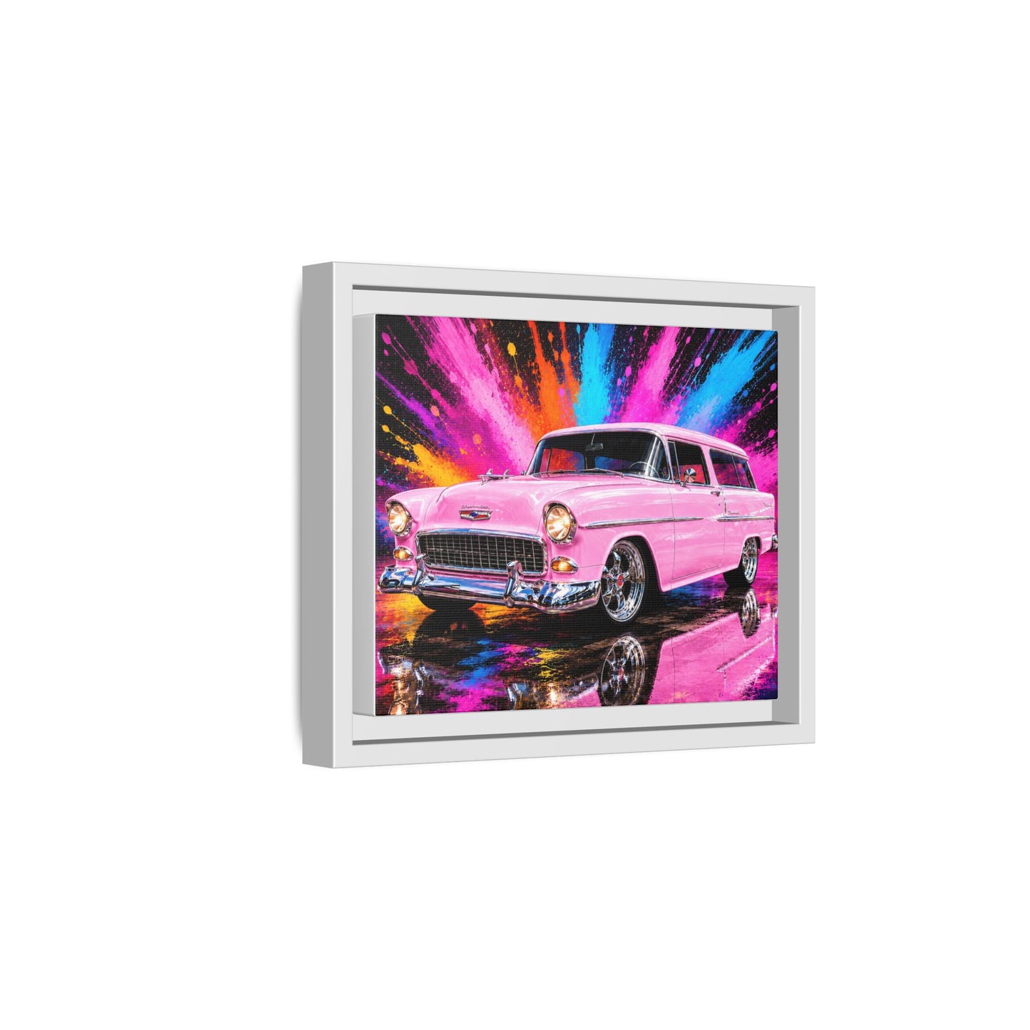 Pink Classic Station Wagon Canvas Print — Retro Car Wall Art, Framed Matte Multi‑Color Splash