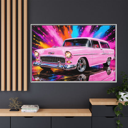Pink Classic Station Wagon Canvas Print — Retro Car Wall Art, Framed Matte Multi‑Color Splash