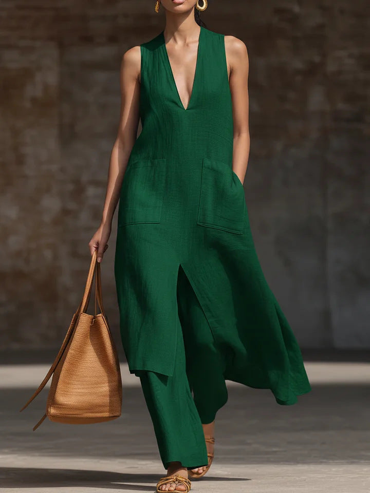 Women's V-Neck Sleeveless Linen Dress Set – Casual Chic