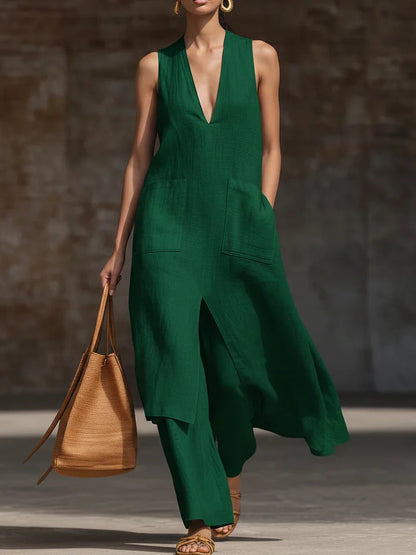 Women's V-Neck Sleeveless Linen Dress Set – Casual Chic