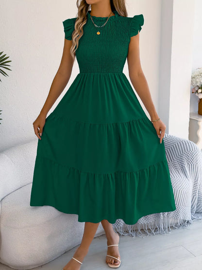 Women's Smocked Ruffle Midi Dress – Casual A-Line Cap Sleeve