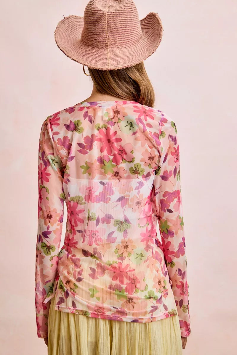 BiBi Floral Shrried Detail Button Up Mesh Cardigan Top