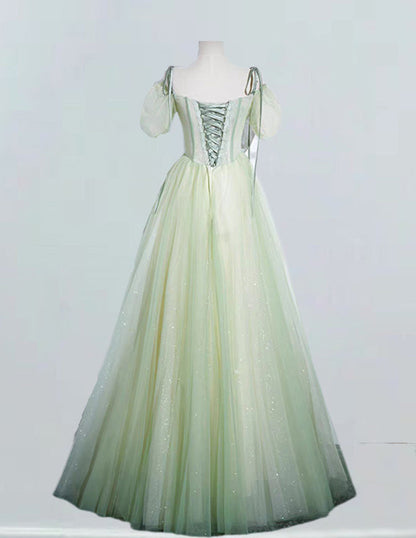 Mint green spaghetti strap pleated long tulle evening party gown