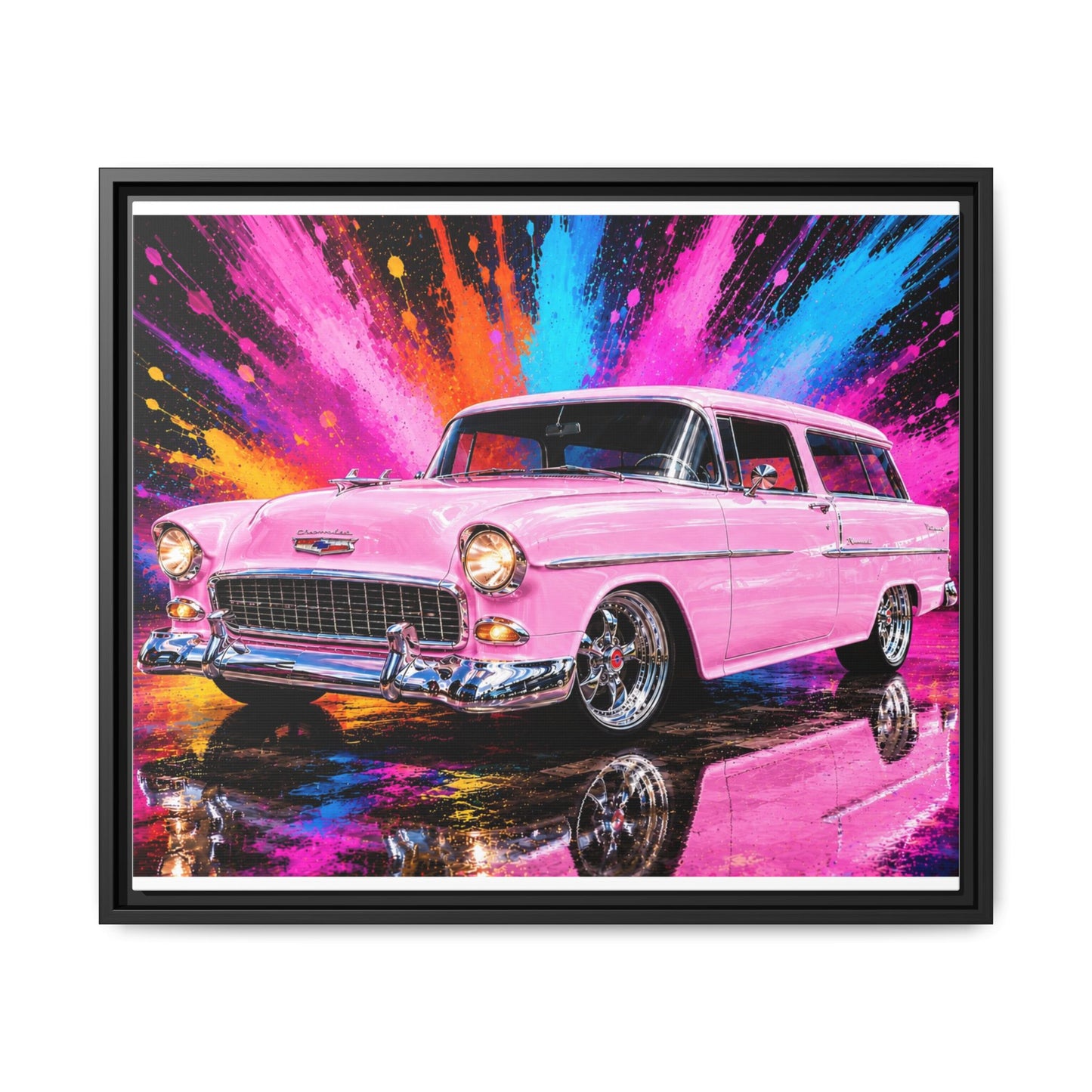 Pink Classic Station Wagon Canvas Print — Retro Car Wall Art, Framed Matte Multi‑Color Splash
