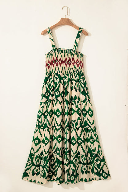 Green Boho Shirred A line Sleeveless Maxi Dress