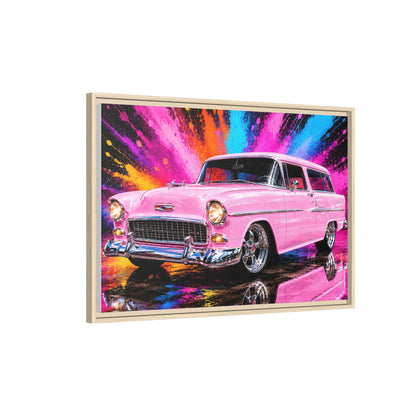 Pink Classic Station Wagon Canvas Print — Retro Car Wall Art, Framed Matte Multi‑Color Splash