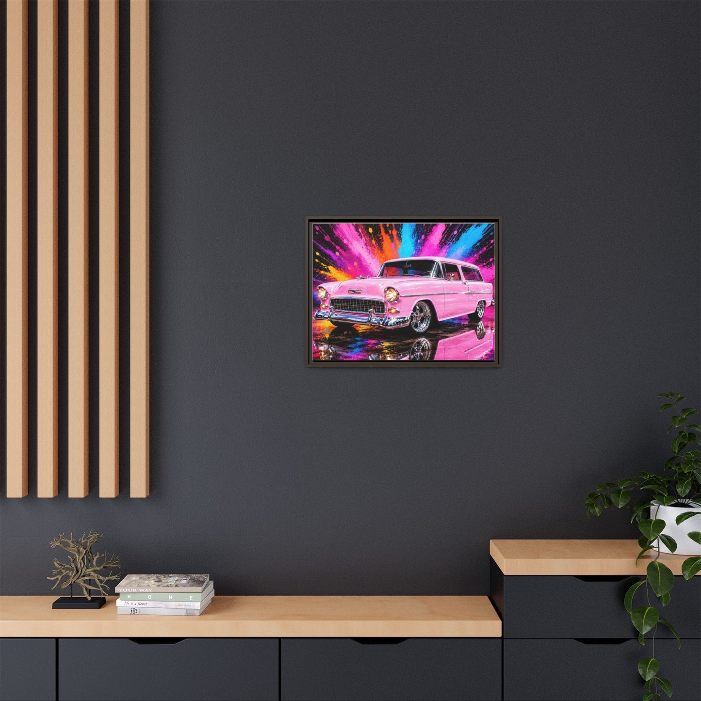 Pink Classic Station Wagon Canvas Print — Retro Car Wall Art, Framed Matte Multi‑Color Splash