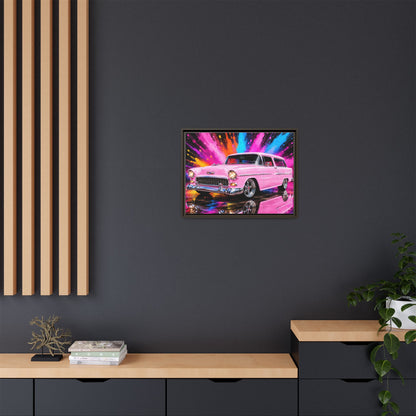 Pink Classic Station Wagon Canvas Print — Retro Car Wall Art, Framed Matte Multi‑Color Splash