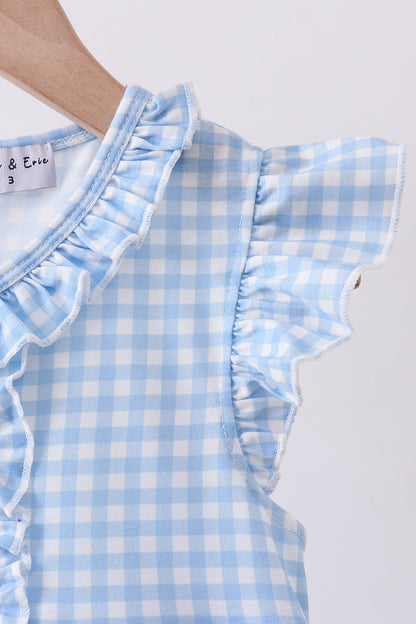 Blue cross bow embroidery ruffle gingham dress