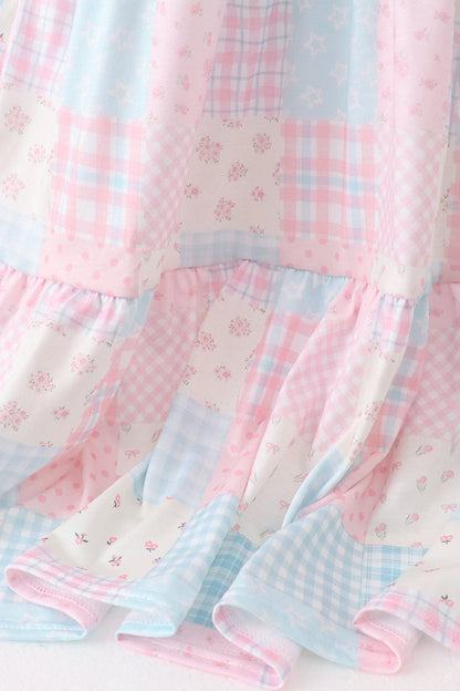 Pink patchwork floral tiered dress