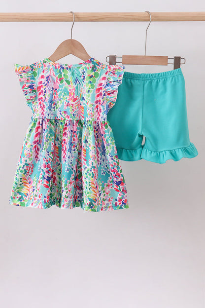Blue bright floral ruffle shorts set