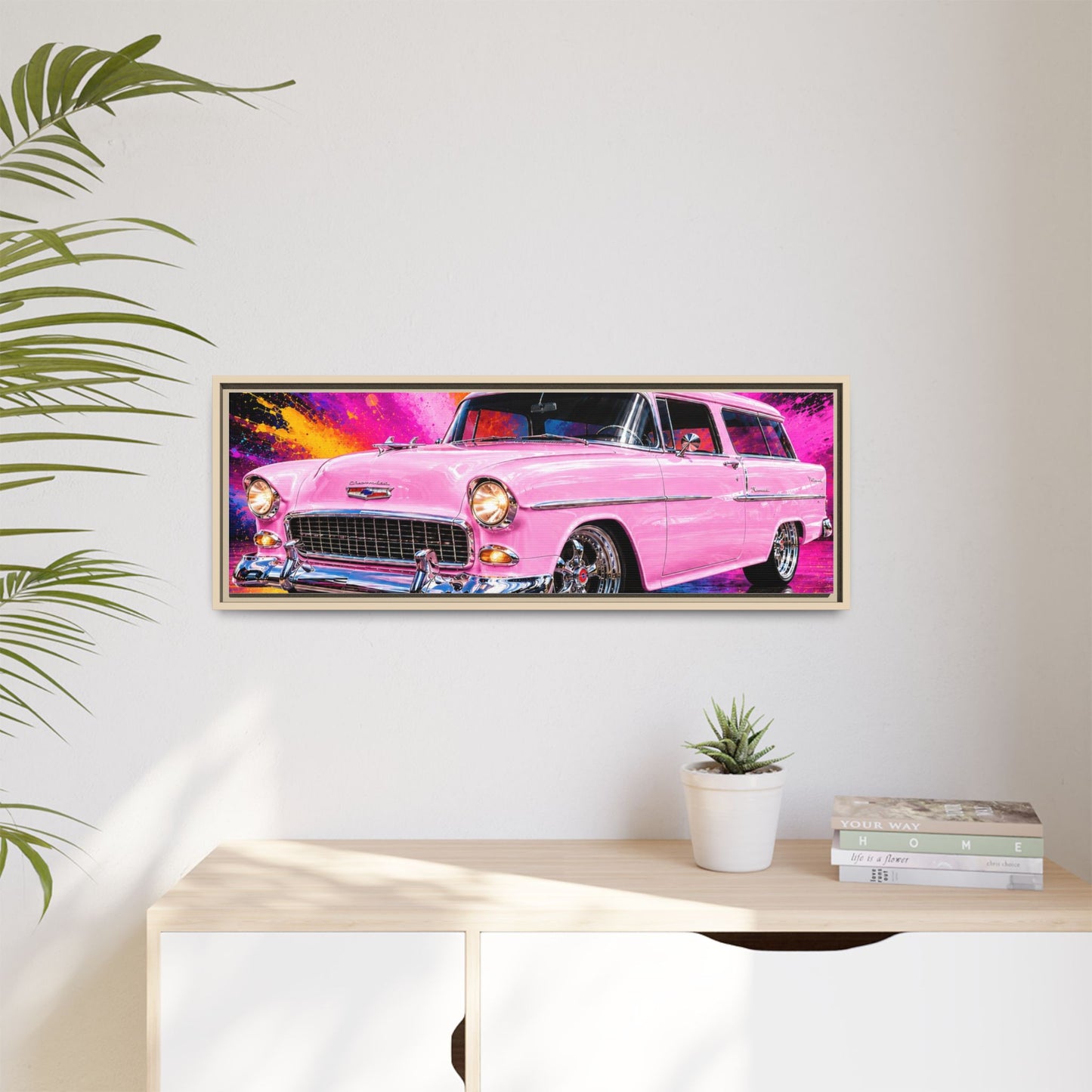 Pink Classic Station Wagon Canvas Print — Retro Car Wall Art, Framed Matte Multi‑Color Splash