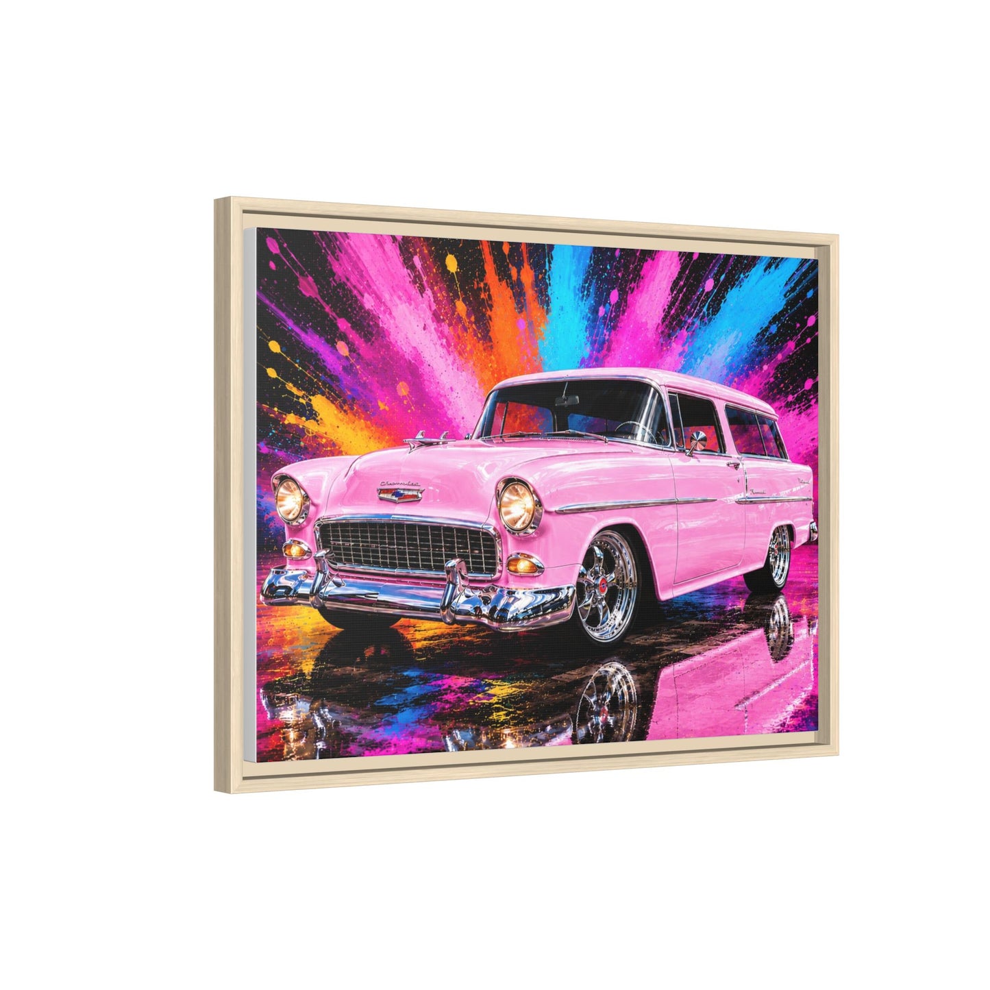 Pink Classic Station Wagon Canvas Print — Retro Car Wall Art, Framed Matte Multi‑Color Splash