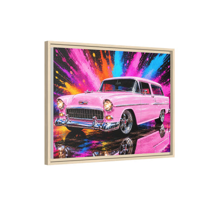 Pink Classic Station Wagon Canvas Print — Retro Car Wall Art, Framed Matte Multi‑Color Splash