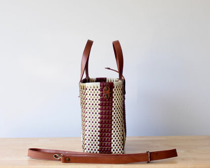 Vida Purse – Maroon, Gold & Beige Handwoven Purse with Leather Handles