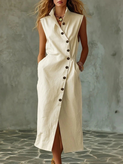 Women's Slim-Fit Sleeveless Stand Collar Pleated Midi Dress