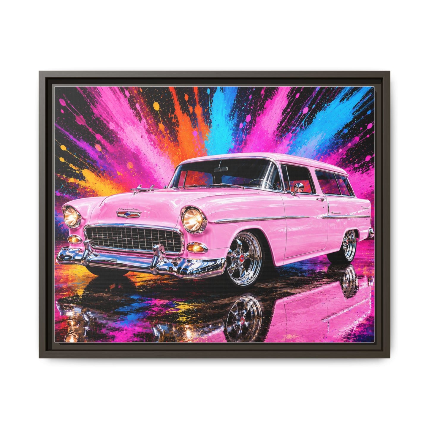 Pink Classic Station Wagon Canvas Print — Retro Car Wall Art, Framed Matte Multi‑Color Splash