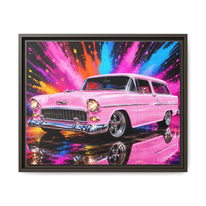 Pink Classic Station Wagon Canvas Print — Retro Car Wall Art, Framed Matte Multi‑Color Splash